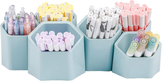 Large Pencil Holder for Office, Adhesive Wall-Mounted Pen Cup Set with 6 Compartments, Detachable Marker Organizer for School Supplies, Stationery, Aesthetic Desk Accessories Caddy (Blue)
